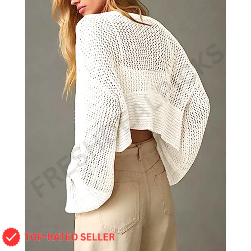 Cropped Cardigan Sweater Lightweight Open Front Knit Boho Chic Summer Outerwear - Picture 2 of 7